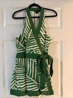 VICI White and Green Palm Leaf Halter Wrap Romper